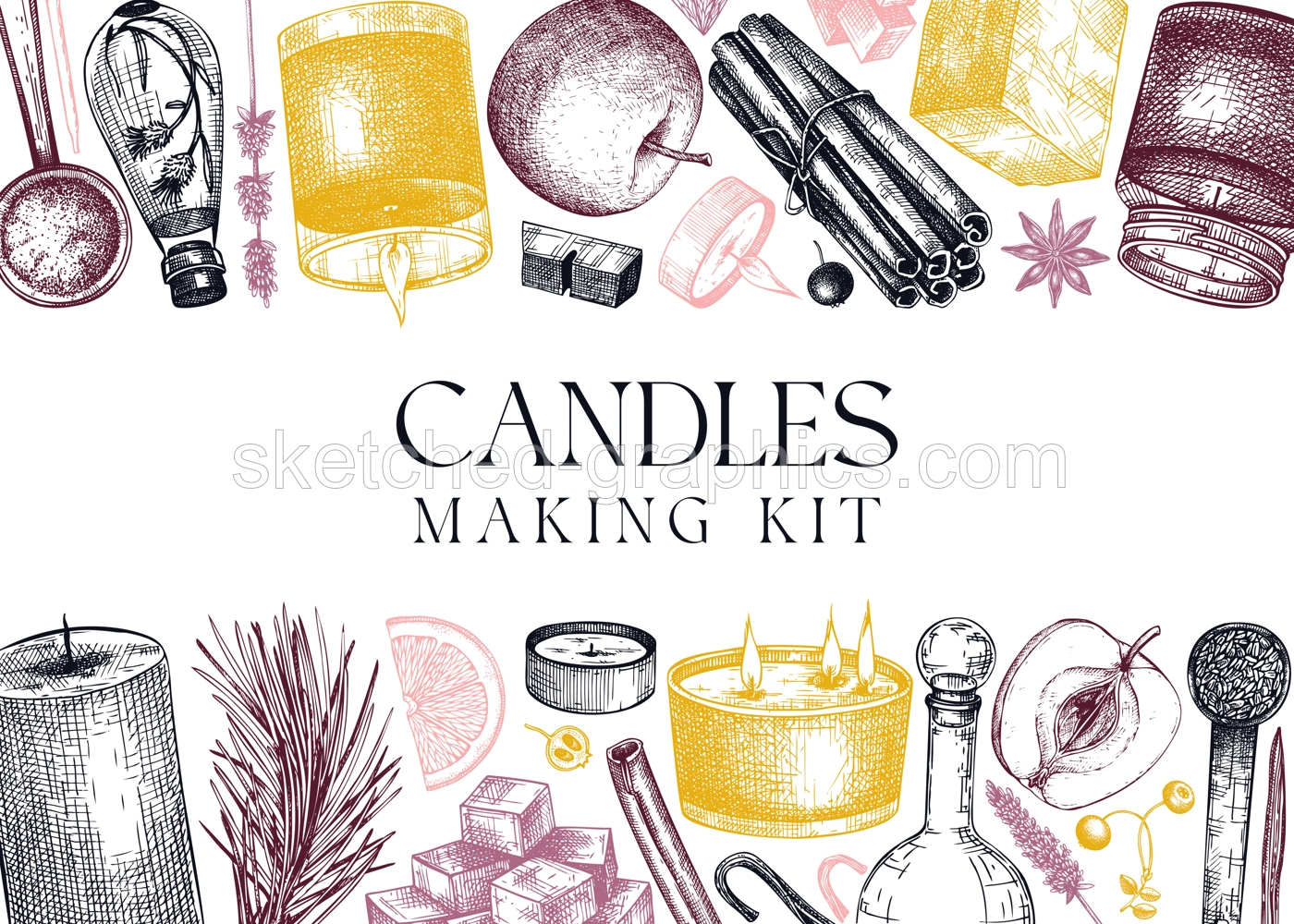 Hand-sketched aromatic candle ingredients banner. Vector design with candles, wax, fragrance, color, herbs, and skewers. Frame template for aromatherapy, hobby, handcrafts, candle making. Illustration